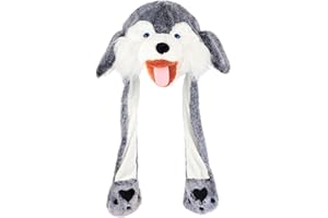 Hopearl Husky Hat with Ears Moving Jumping Pop Up Beating Hat Plush Holiday Cosplay Dress Up Funny Festival Birthday Gift for Kids Boys Girls, Gray, 22''
