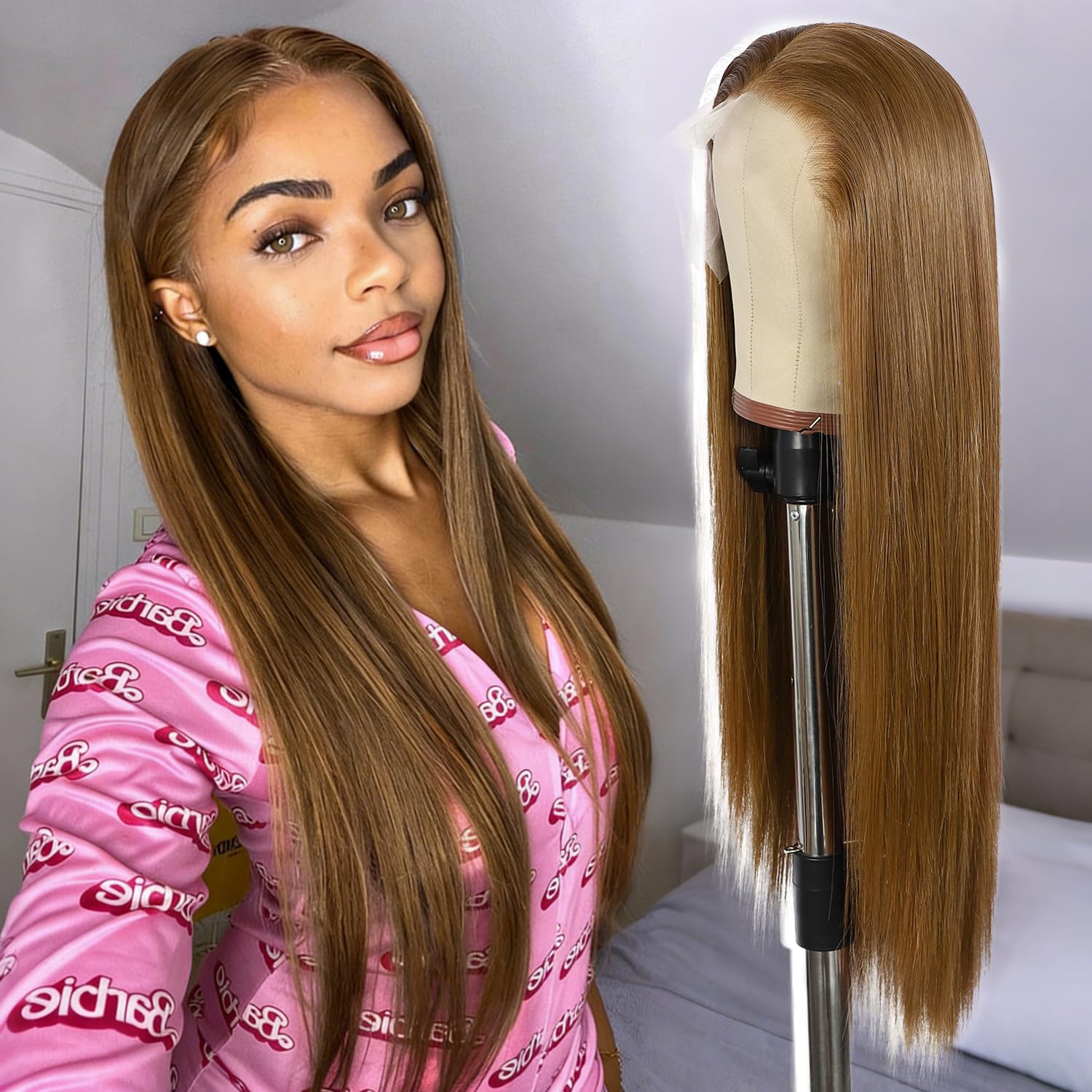 SOMIARIK Long Straight Wig 13x6 Oange Brown Synthetic Lace Front Wigs for Women Bleached Knots Pre Plucked with Baby Hair 26 Inch — image 1