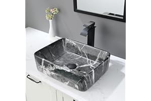 Modern Marble Vessel Sink, BoomHoze 16" x 12" Black Vessel Sink with Faucet and Drain Combo Black Marble Coated Porcelain Bathroom Sink Above Counter Rectangle Vessel Sink
