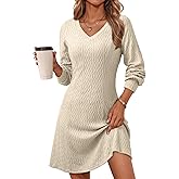 Dokotoo Dresses for Women Trendy V Neck Knit A Line Long Sleeve Dress Sweater Dress