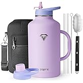 Topre 64 oz Water Bottle Insulated with Handle and Carry Pouch, Half Gallon Stainless Steel Water Bottles Mug with Straw Lid Spout Lid,Reusable Metal Tumbler Jug Flask Cup,Keep Cold & Hot,Purple