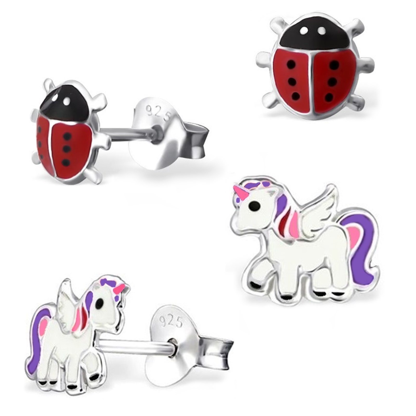 G-H 2 pairs stud earrings, little ladybug and Pegasus unicorn set, 925, real silver, sterling silver, girl, kids earrings, enamel