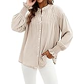 VeraLuna Womens Spring 2025 Linen Button Down Shirts Crewneck Loose Smocked Long Sleeve Tops Business Casual Work Blouses