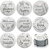 Ceramic Coasters Set of 8, Drink Coasters with Cork Base, Round Marble Style Absorbent Farmhouse Coaster with Holder and Sayings