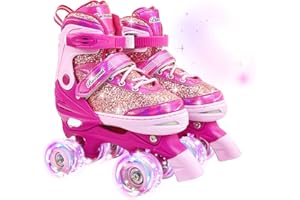 DFXLF Kids Roller Skates for Girls Boys 4 Size Adjustable Ages 3-5 5-8 6-12 Quad Rollerskates with Light Up Wheels for Beginner Children's Birthday Gift patines para niñas Outdoor Sports