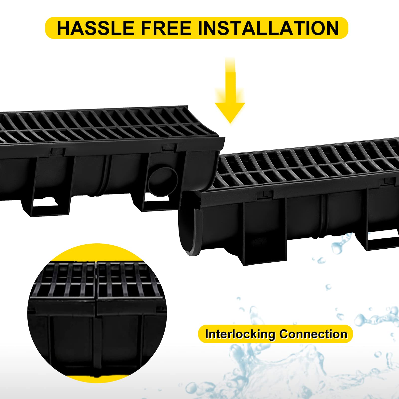 VEVOR Trench Drain System With Plastic Grate, 5.9x5.1-Inch HDPE Channel Drainage For Garden, Driveway - 6 Pack