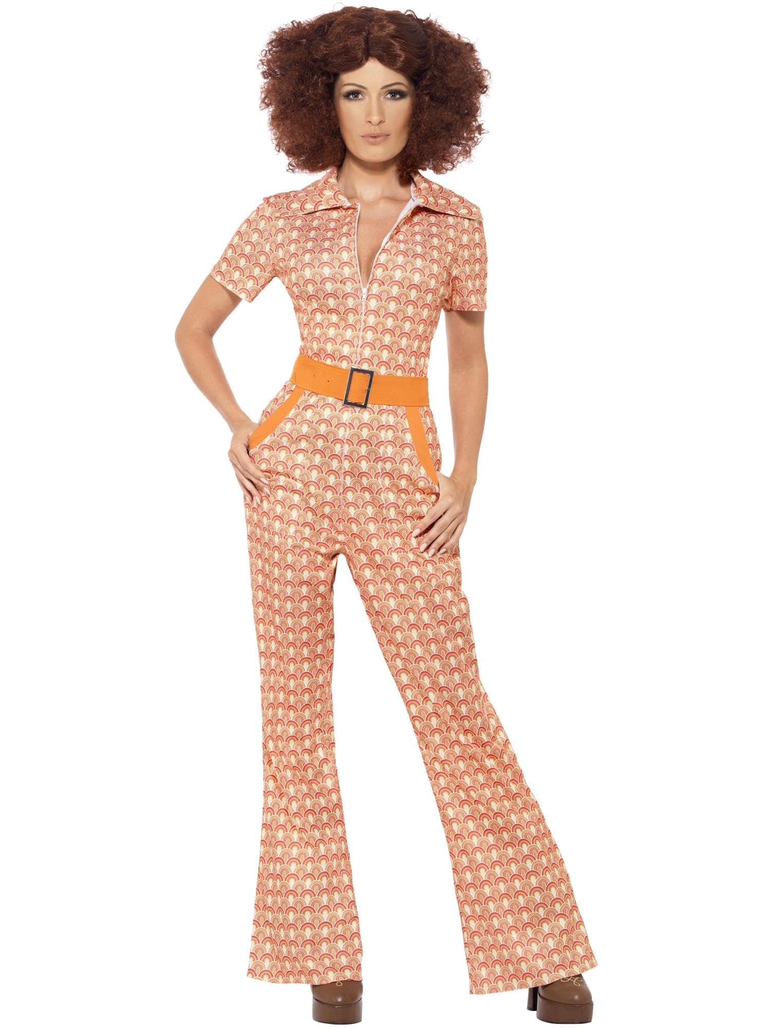 Smiffys Authentic 70s Chic Costume, Orange with Jumpsuit, 1970's Disco Fancy Dress, 1970s Dress Up Costumes