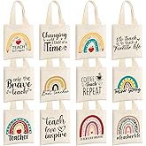 Cumule 12 Pieces Christmas Teacher Appreciation Gifts Reusable Canvas Totes Bag with Pattern Cotton Totes Bag Teach Love Inspire Rainbow Gift Bag for Women School Teacher Gifts