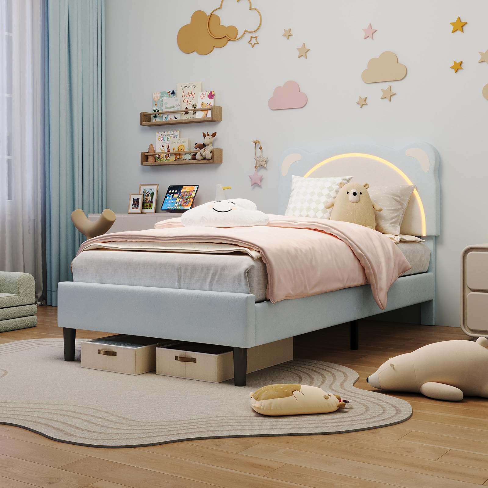 Photo 1 of IDEALHOUSE Twin Size Bed Frame for Kids with LED Lights & Adjustable Headboard, Cute Bear Design, Soft Velvet Fabric, Solid Wood Slat Support, Noise-Free, Easy Assembly, Blue (No Drawer)