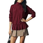 Seetaa Womens' Turtleneck Long Sleeve Cable Knit Sweaters Oversized Contrast Ruffle Hem Pullover Top