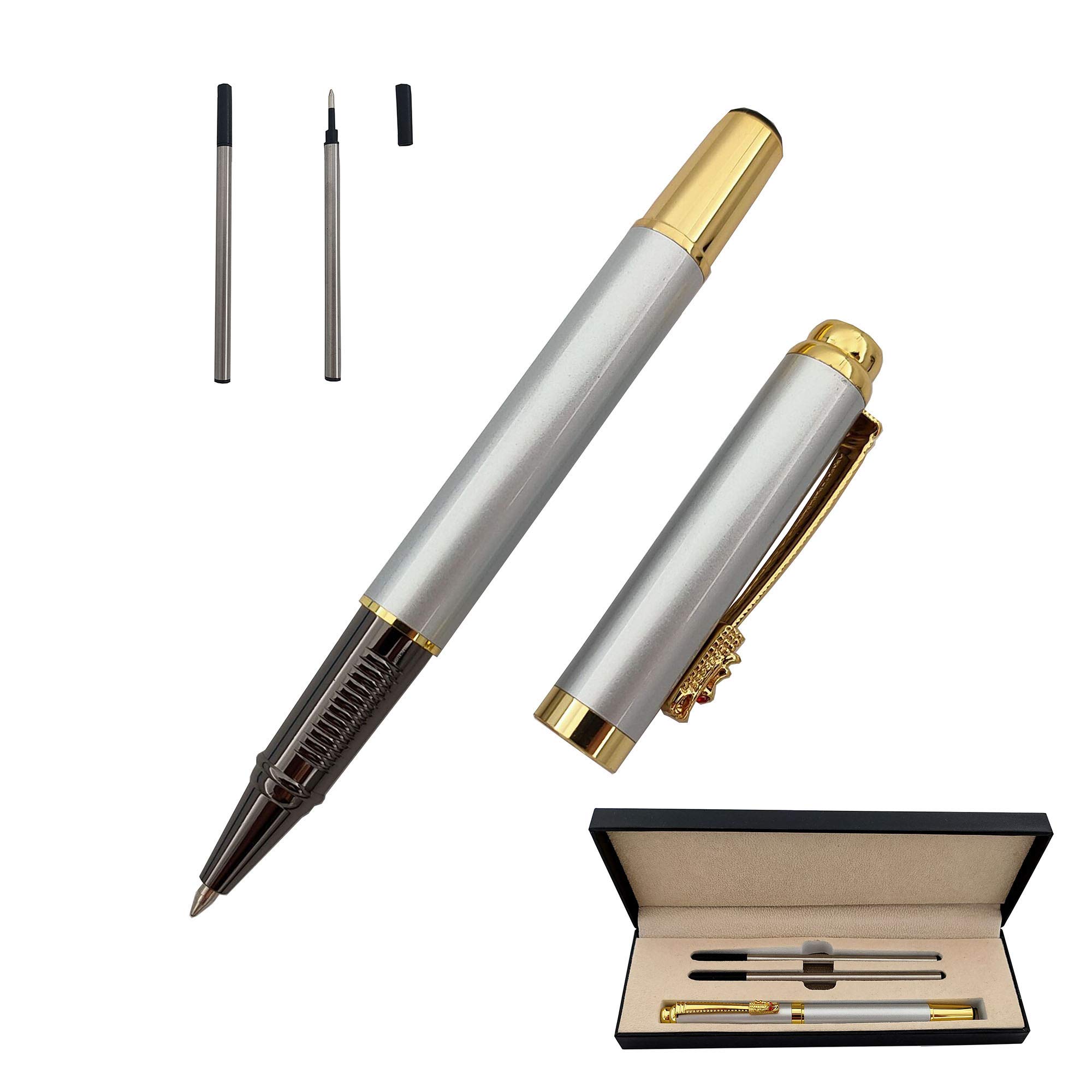 Accod Fine Nib Rollerball Pen High-end Business Signature Pen Clip Black Ink Rollerball Pen with Two 0.5mm Replacement Refills Gift Premium Gift Box (Silver)
