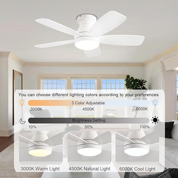 JSAITEE CEILING FANS WITH LIGHTS, 42 INCH LOW PROFILE CEILING FAN WITH LIGHT AND REMOTE/APP CONTROL, FLUSH MOUNT, REVERSIBLE, 3CCT, DIMMABLE, NOISELESS, WHITE CEILING FAN FOR INDOOR/OUTDOOR USE