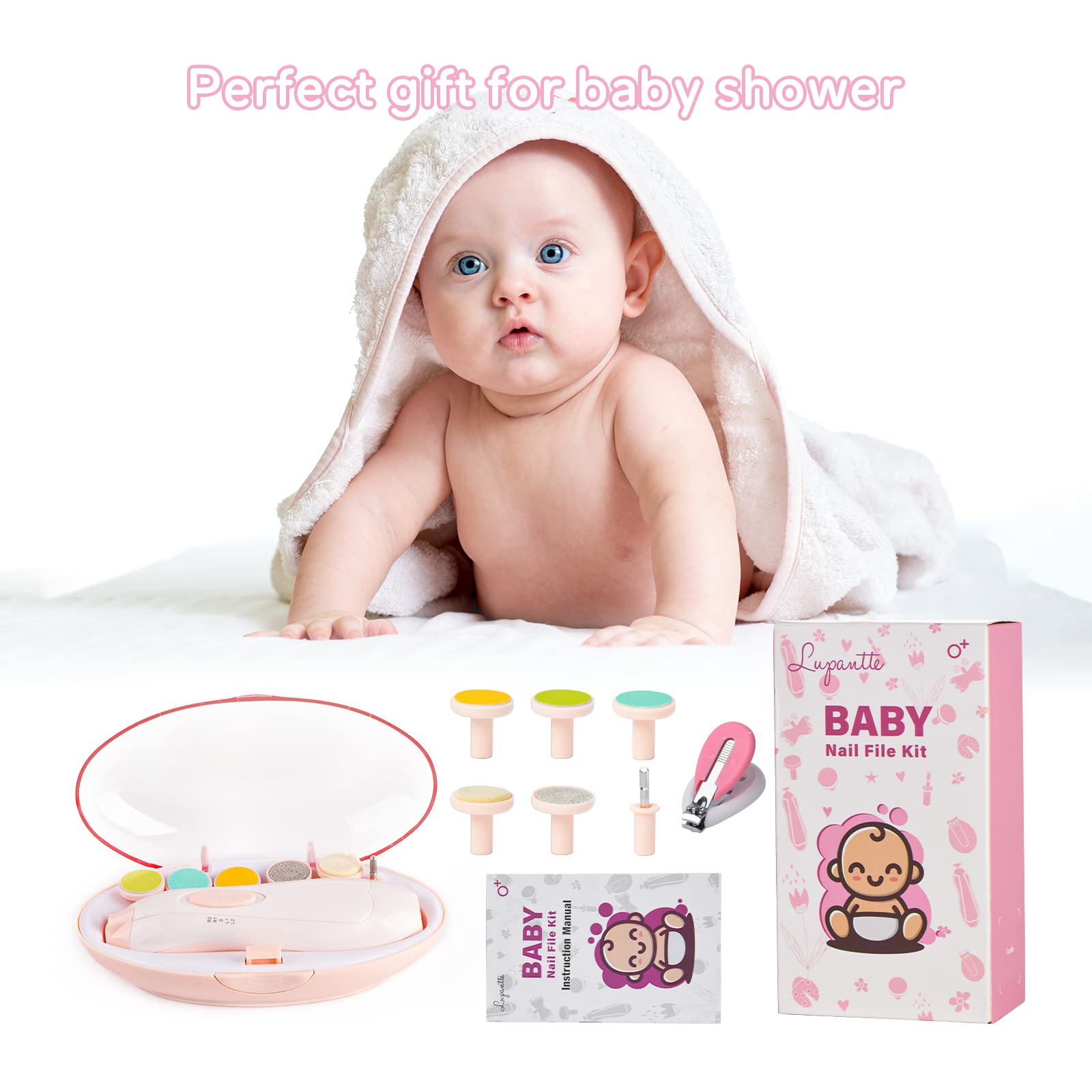 Baby Nail Filer and Baby Nail Clippers with Light Set, Lupantte Electric Infant Nail Trimmer Kit, for Newborn Toddler Kids Toes and Fingernails, Polish and Trim