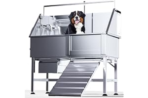 NUWJBYE 46" Stainless Steel Dog Washing Station, Professional Dog Bathtub for Large, Medium & Small Pet. Height Adjustable Grooming Tub W/Drawer, Ramp, Floor Grate & Fauct. (Right ramp)