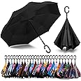 SIEPASA 49/56 Inch Inverted Reverse Upside Down Umbrella, Extra Large Double Canopy Vented Windproof Waterproof Stick Golf Umbrellas with C-shape Handle.