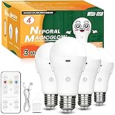 Neporal MagicGlow USB Rechargeable Light Bulbs with Remote, 3-Color Shift + 10%-100% Dimmable, Up to 20 Hours Battery Powered Light Bulb, 15W A19 LED Rechargeable Light Bulbs for Lamps with No Outlet