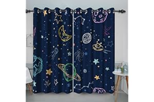 Baocicco Kids Cartoon Space Blackout Pattern Curtain Sky Moon Stars Universe Planets Printed Darkening Drapes with Rustproof Grommets Window for Bedroom Living Room 2 Panels,38Wx45H Inch Navy Blue-1