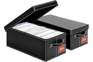 yoyobubu DVD Storage Box – Black Faux Leather DVD Case with Lid – DVD Shelf Organizer for 25 Standard DVD Cases – Foldable & Stackable Media Storage Solution-2Pack