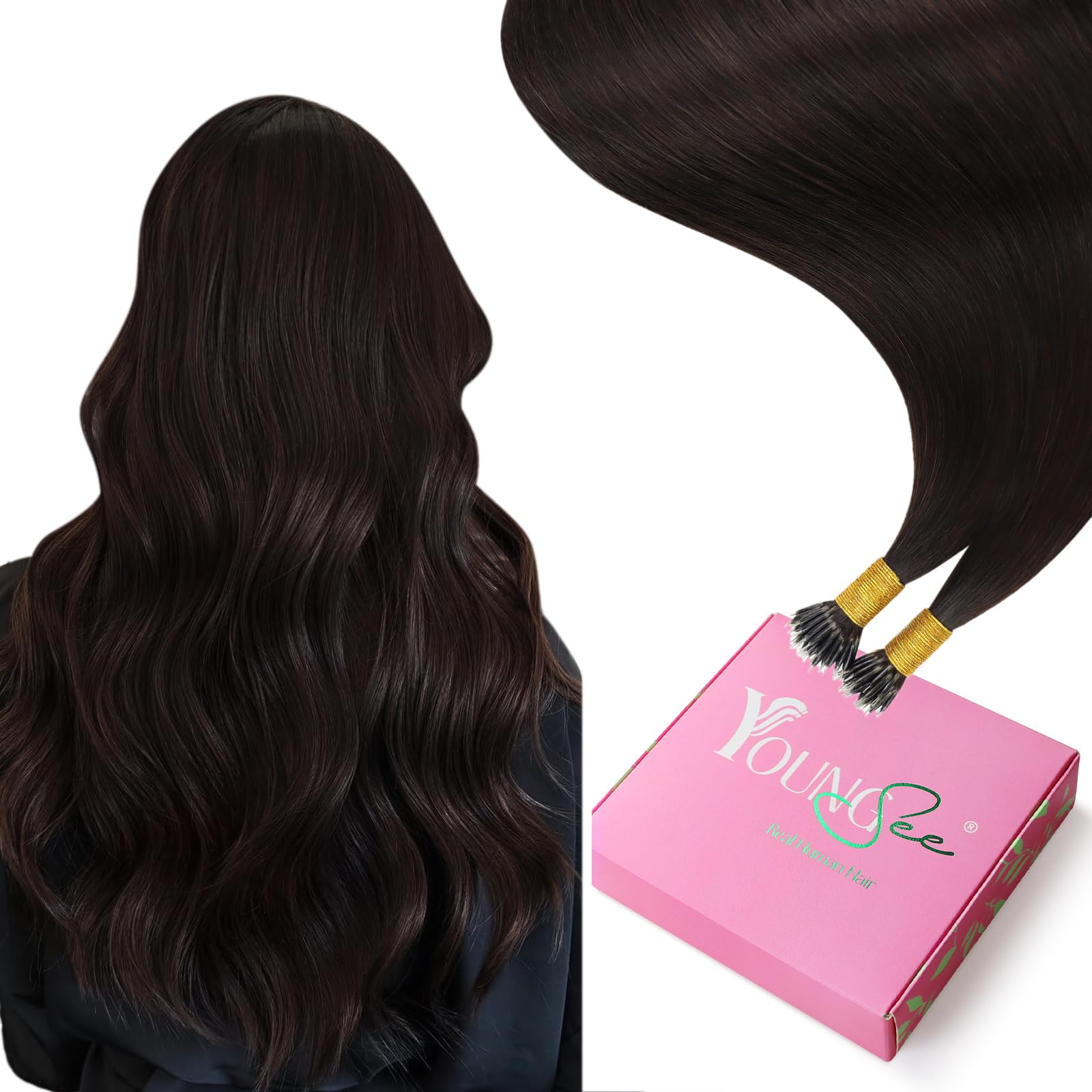 YoungSee Nano Beads Hair Extensions Dark Brown 20inch Nano Loop Hair Extensions Brown for Party 50g Cold Fusion Nano Human Hair Extensions Brown Natural Looking Smooth Texture 50s