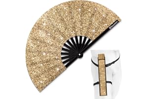 Raveahem Glitter Large Rave Folding Clack Hand Fan with Holster for Men/Women Handheld Fan for EDM,Festival,Club,Party,Dance
