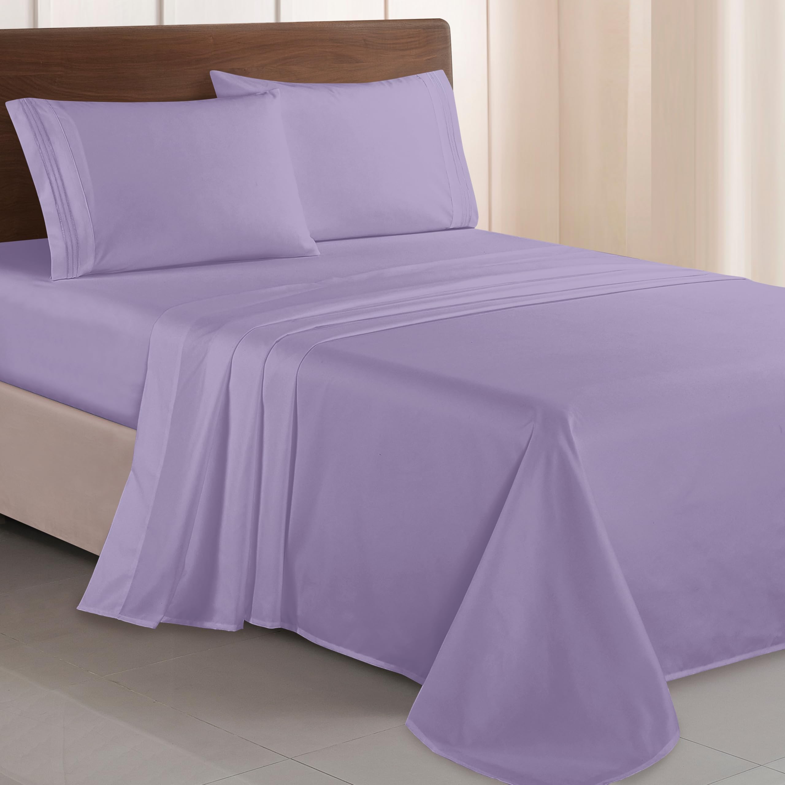Elegant Comfort Luxurious 1500 Premium Hotel Quality Microfiber Three Line Embroidered Softest 4-Piece Bed Sheet Set, Wrinkle and Fade Resistant, Queen, Lavender