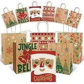 Sipthene 24 Pack Christmas Gift Bags with Handles, Kraft Paper Goody Treat Bags for Holiday Present Wrapping (6 Designs, 9" x 7" x 3.3") - for Xmas Party Favors, Classroom, Wedding Decor Supplies Bulk