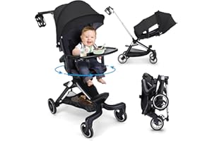 Lightweight Baby Stroller, zebrater Compact Travel Toddler Stroller with Tray and 360°Rotational Seat, One Hand Foldable Infant Trave for Airplane Toddler Stroller with Cup Holder & Baket-Black