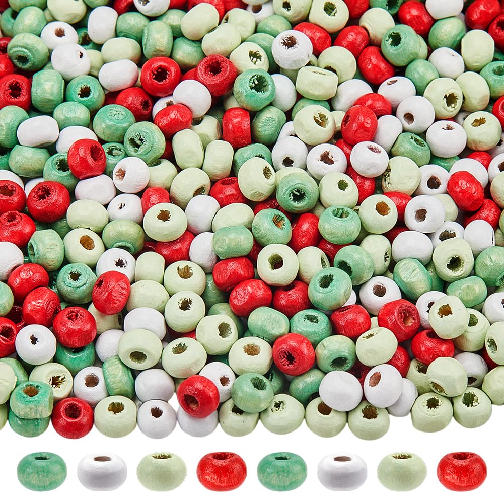 SUNNYCLUE 800Pcs 4 Colors Christmas Wooden Beads Colorful Wood Bead Bulk 5mm Green Red White European Xmas Winter Holiday Round Spacer Loose Mini Bead for Bracelet Jewellery Making DIY Craft Supplies