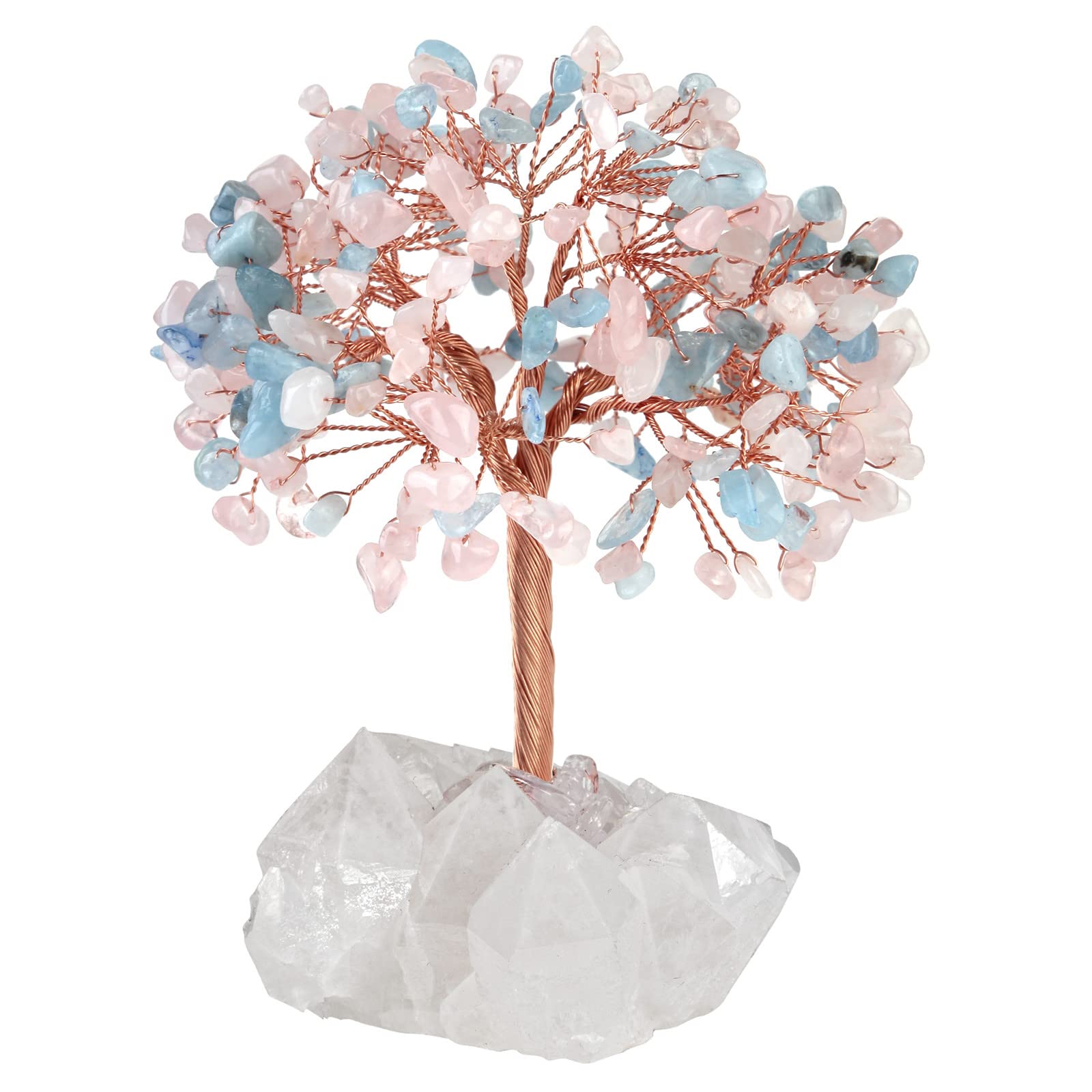 mookaitedecor Natural Rose Quartz & Aquamarine Crystal Tree of Life Ornament for Home, Reiki Healing Crystal Money Tree Stone Bonsai Tree with Clear Quartz Base Feng Shui Ornament Gift for Good Luck