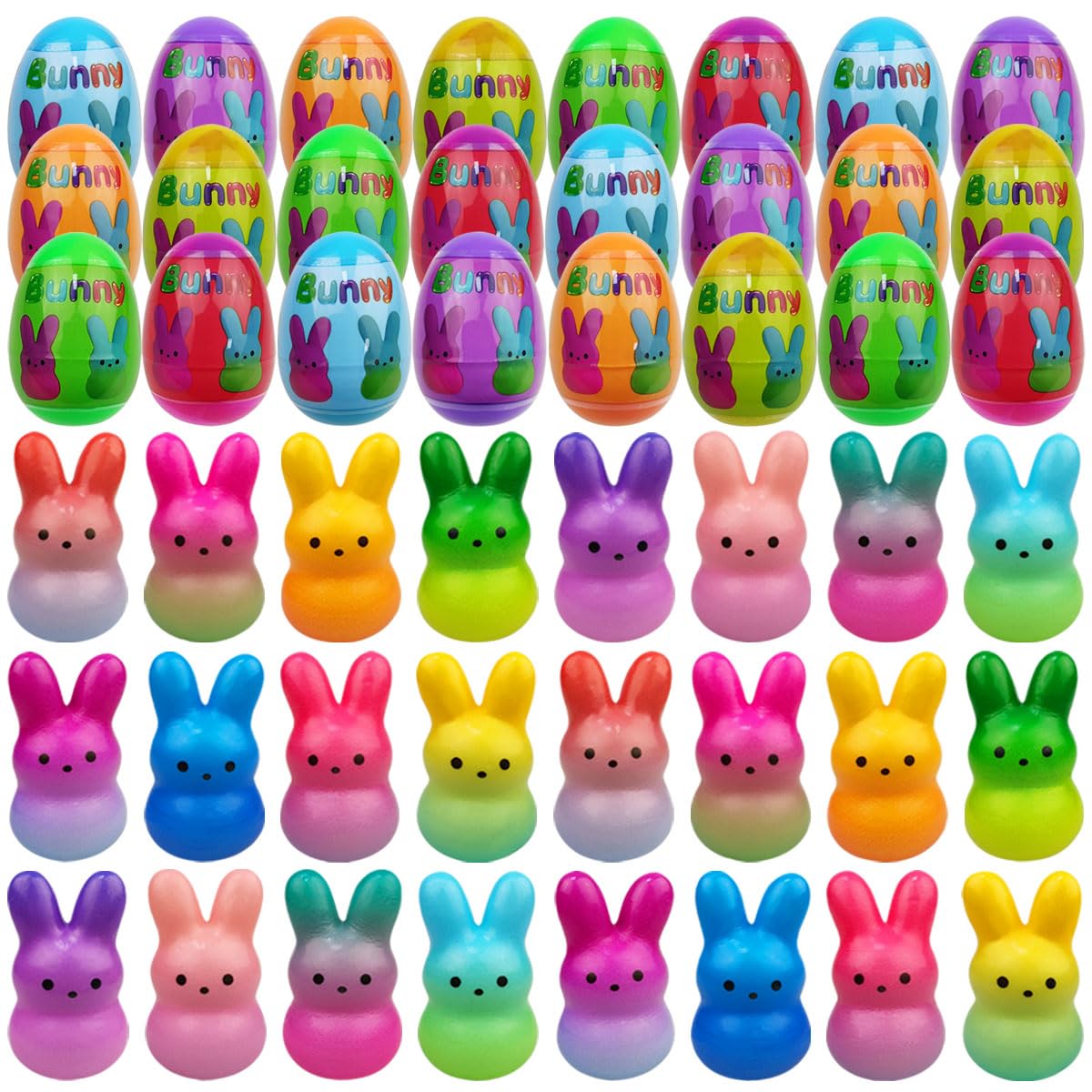 Muyiz 24 Pack Prefilled Easter Eggs with Easter Bunny Slow Rising Squishy Toys Inside Toys for Kids Girls Boys Easter Basket Stuffers Gifts Party Favors