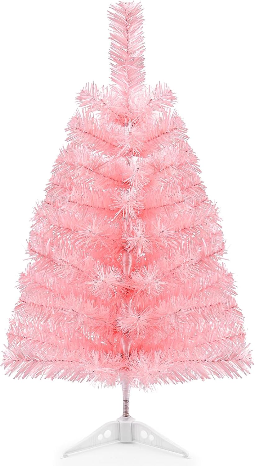 Trees - 2Ft Artificial Christmas Tree Pink Tabletop Christmas Tree with Plastic Stand Mini Xmas Pine Tree for Indoor Outdoor Holiday Home Decoration