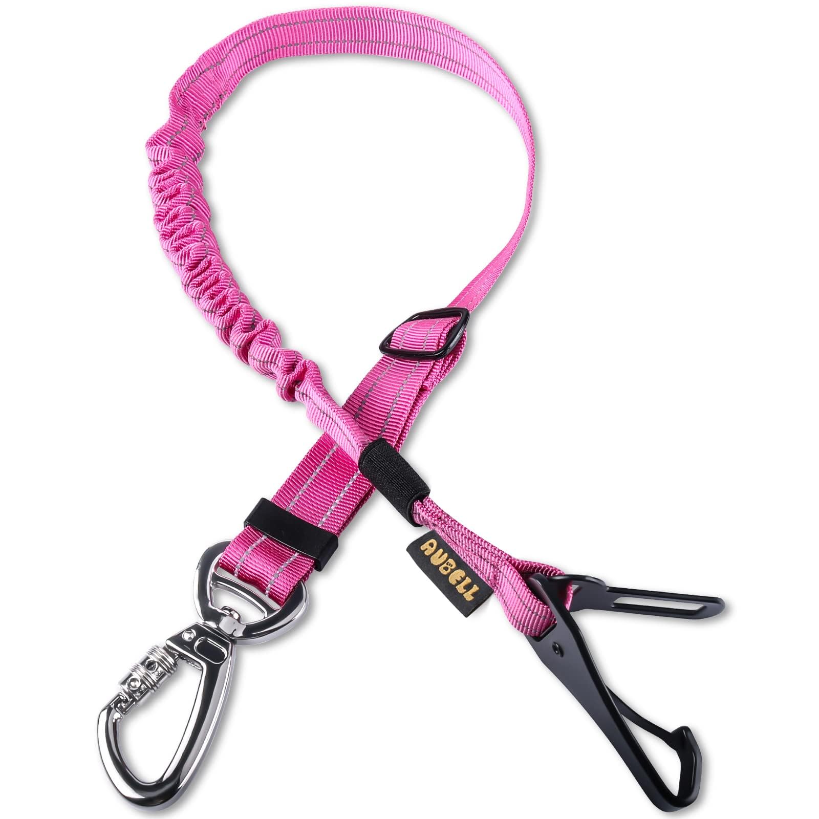 AUBELL Dog Seat Belts for Cars UK,Updated 3-in-1 Adjustable Reflective Bungee Dog Car Harness Tether with Clip Hook Latch & Buckle, Swivel Zinc Alloy Carabiner,Pink