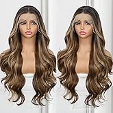 BABEHERS Brown Lace Front Wig for Women 13x4 Body Wave Synthetic Wigs Highlight Honey Brown Pre-plucked Long Wavy 150% Density Heat Resistant Hair Daily Party Use 26 Inch