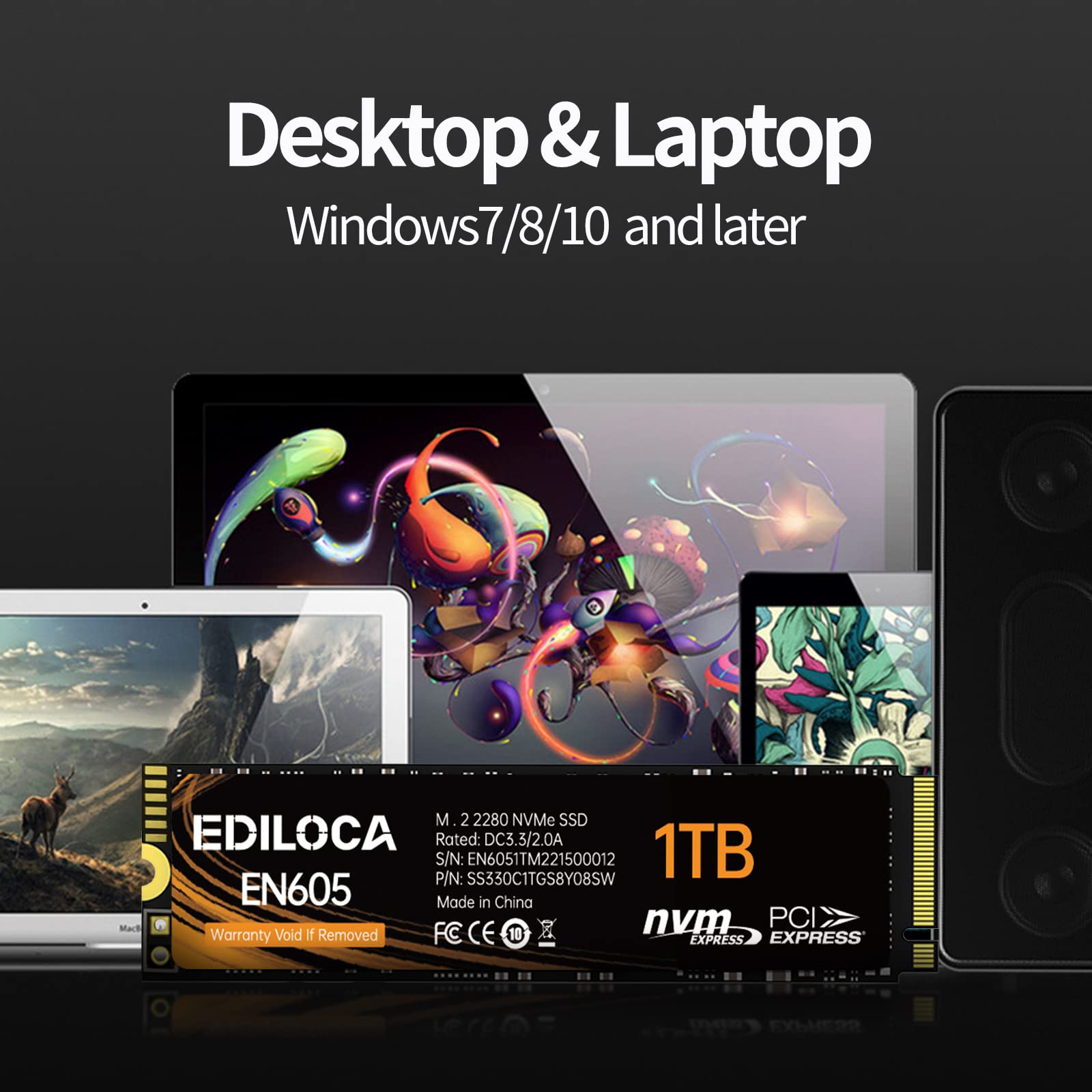 Ediloca EN605 1TB M.2 SSD, NVMe1.3 PCIe Gen3.0x4 SSD 3D NAND TLC Internal Hard Drive, M.2 2280 - Read/Write Speed up to 2150/1850 MB/s - Internal SSD Compatible with Laptop and PC Desktop