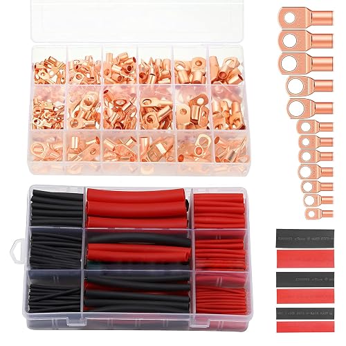 TKDMR 160-Piece Copper Wire Terminal Kit – AWG 2/4/6/8/10/12 Ring Terminals With 80 Heat Shrink Tubes, Battery Cable Ends & Connectors