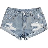 Floerns Women's Low Waisted Ripped Mini Jean Shorts Roll Hem Distressed Y2k Denim Shorts