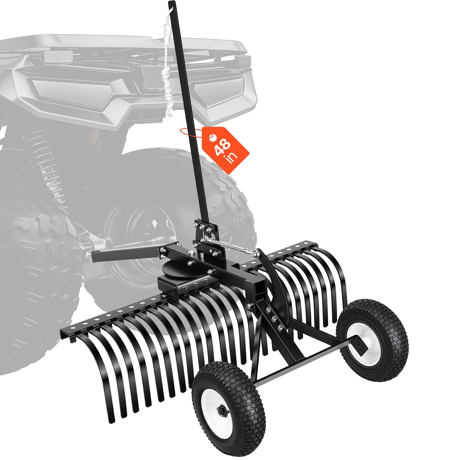 Photo 1 of VEVOR 48in Tow Behind Landscape Rake, Pull Behind Lawn Rock Rakes for ATV Mower Tractors, 24 Durable Steel Tines, Adjustable Height & Angle, Heavy Duty Dethatcher Rake for Leaves Debris