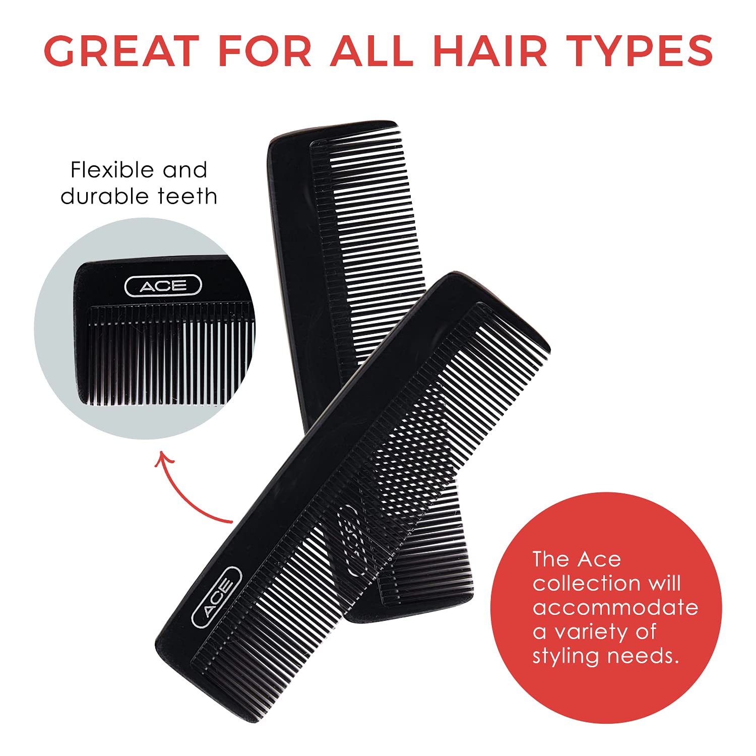 Goody Ace Classic Bobby Pocket and Purse Comb - 5 Inch, Black, Durable & Flexible Teeth, Suitable for All Hair Types, Fine Comb Teeth for Thin to Medium Hair