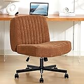 TUKAKA Criss Cross Chair with Wheels,Thick Padded Fabric Cross Legged Office Desk Chair with Pocket Spring Cushion,Dual-Purpose Base,Wide Adjustable Computer Home Office Vanity Chair,Brown