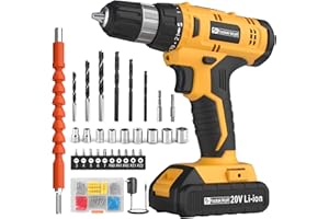 FADAKWALT Cordless Drill Set, 20V Electric Power Drill with Battery And Charger, Torque 30N, 21+1 Torque Setting, 3/8-Inch Keyless Chuck, Drill Driver Bits Kit, with LED Electric Drill Set. （Yellow)