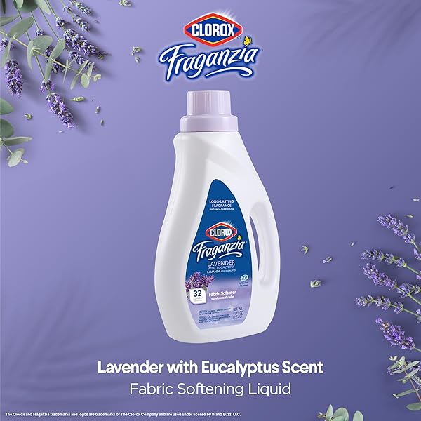 CLOROX FRAGANZIA LIQUID LAUNDRY FABRIC SOFTENER, LAVENDER WITH EUCALYPTUS SCENT – LAUNDRY ODOR ELIMINATOR, WRINKLE REDUCER AND STATIC REDUCER, 40 FL OZ