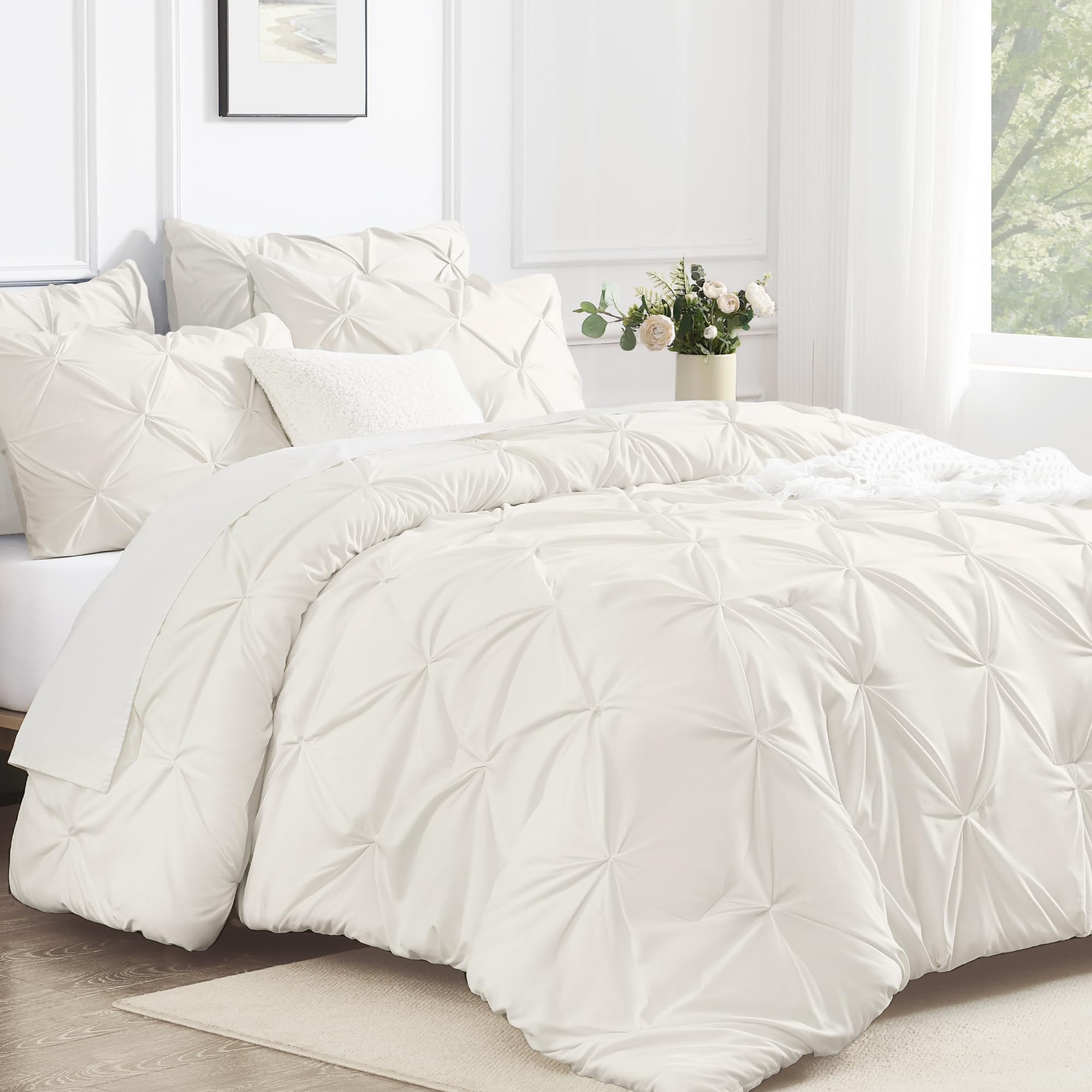 Photo 1 of Andency Ivory Queen Comforter Set, 3 Piece All Season Decorative Pintuck Bedding Comforter & Sets, Ivory Soft Microfiber Lightweight Washable Bed Set for Queen Size Bed