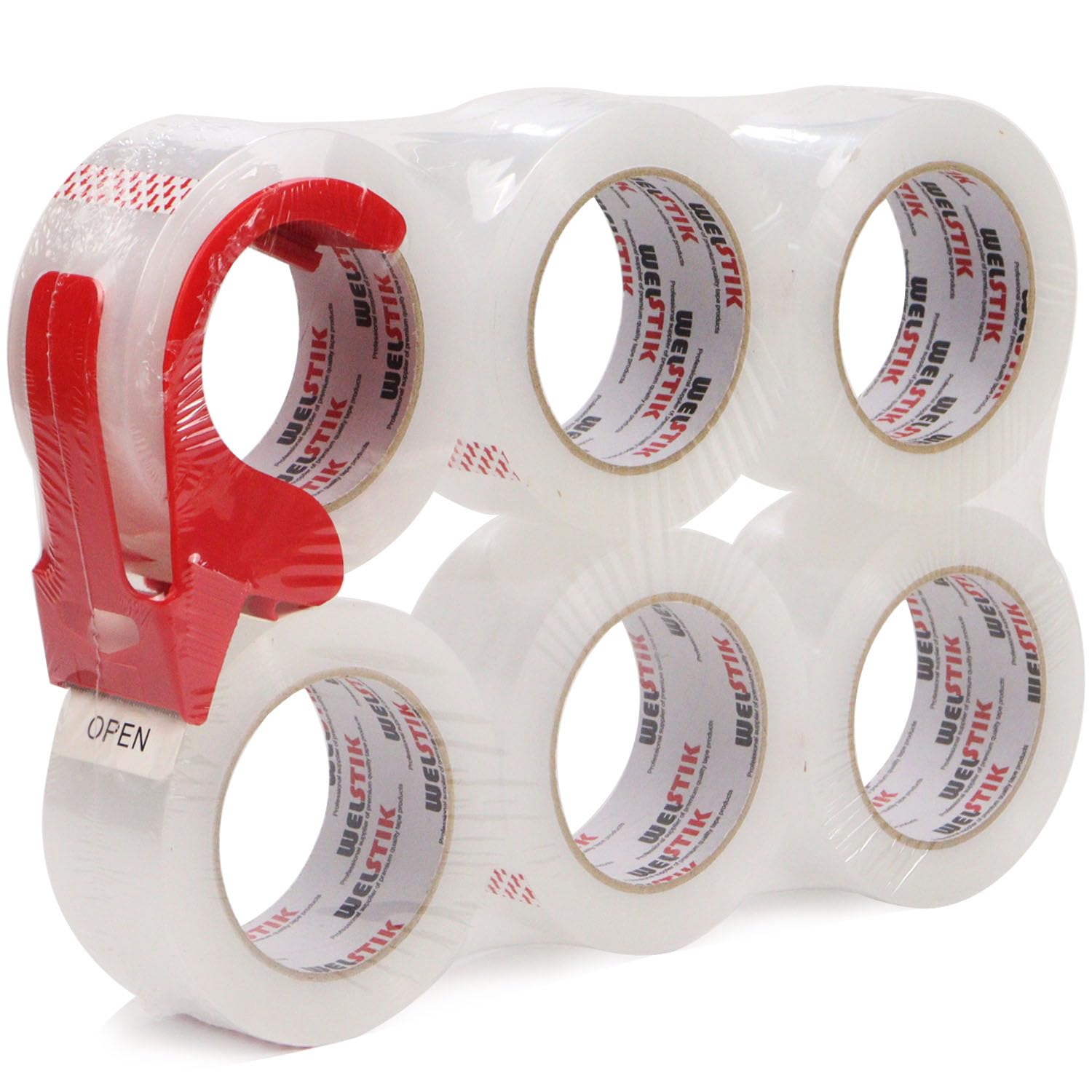 WELSTIK 6 Pack 50MM x 100M Heavy Duty Clear Packaging Tape with Free Dispenser, Industrial Shipping Box Transparent Packing Tape for Moving, Office, Home