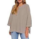 Tankaneo Women's Oversized Sweaters Casual 3/4 Long Sleeve Crewneck Ribbed Knit Split Tunics Fall Loose Pullover Tops