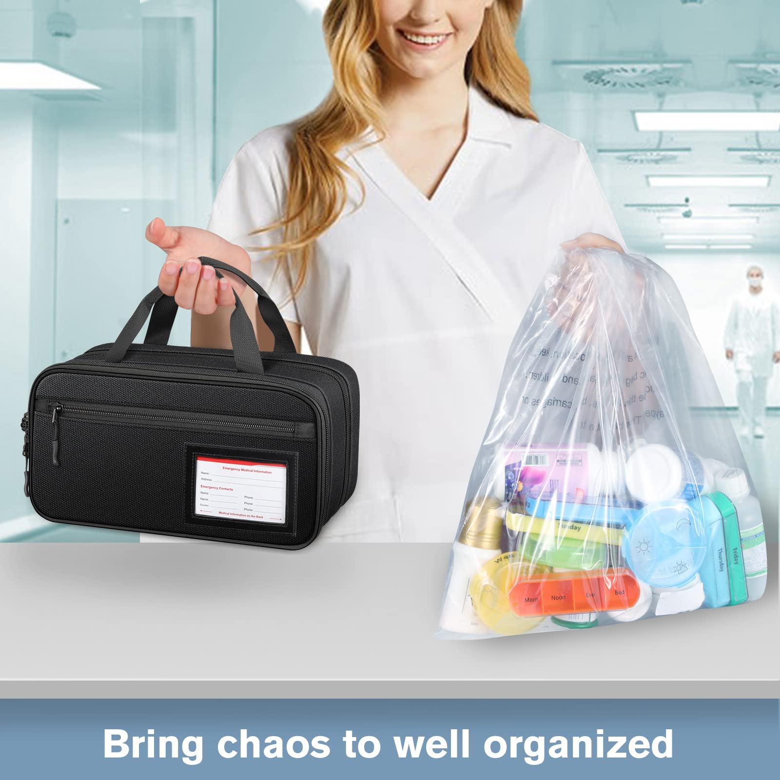 SITHON Pill Bottle Organizer Medicine Storage Bag Medication Travel Carrying Case Manager with Handle, Detachable Pockets Modular for Medications, Vitamins, Medical Supplies (Black)