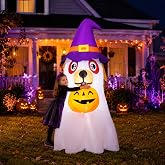 GOOSH 6.2 FT Halloween Inflatables Dog Outdoor Decorations Blow Up Yard Cute Puppy Ghost with Pumpkin with Built-in LEDs for Indoor Party Garden Lawn Holiday Decor
