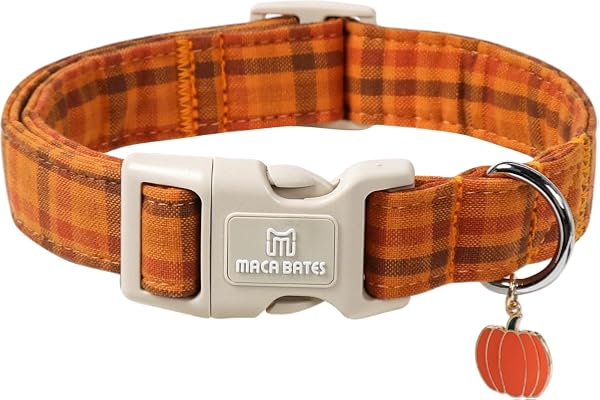 Maca Bates Fall Plaid Basic Dog Collar,Pumpkin Charm,Small Girl,Boy,Autumn Brown Gingham Puppy Collars Halloween Checkered Pr