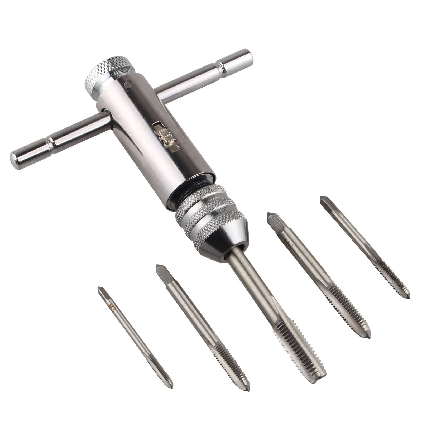 HALJIA 5 Pcs Adjustable M3-M8 Straight Groove Tap with T-Handle Ratchet Tap Wrench Quality Bearing Steel Hand Screw Tap Straight Flute Taps