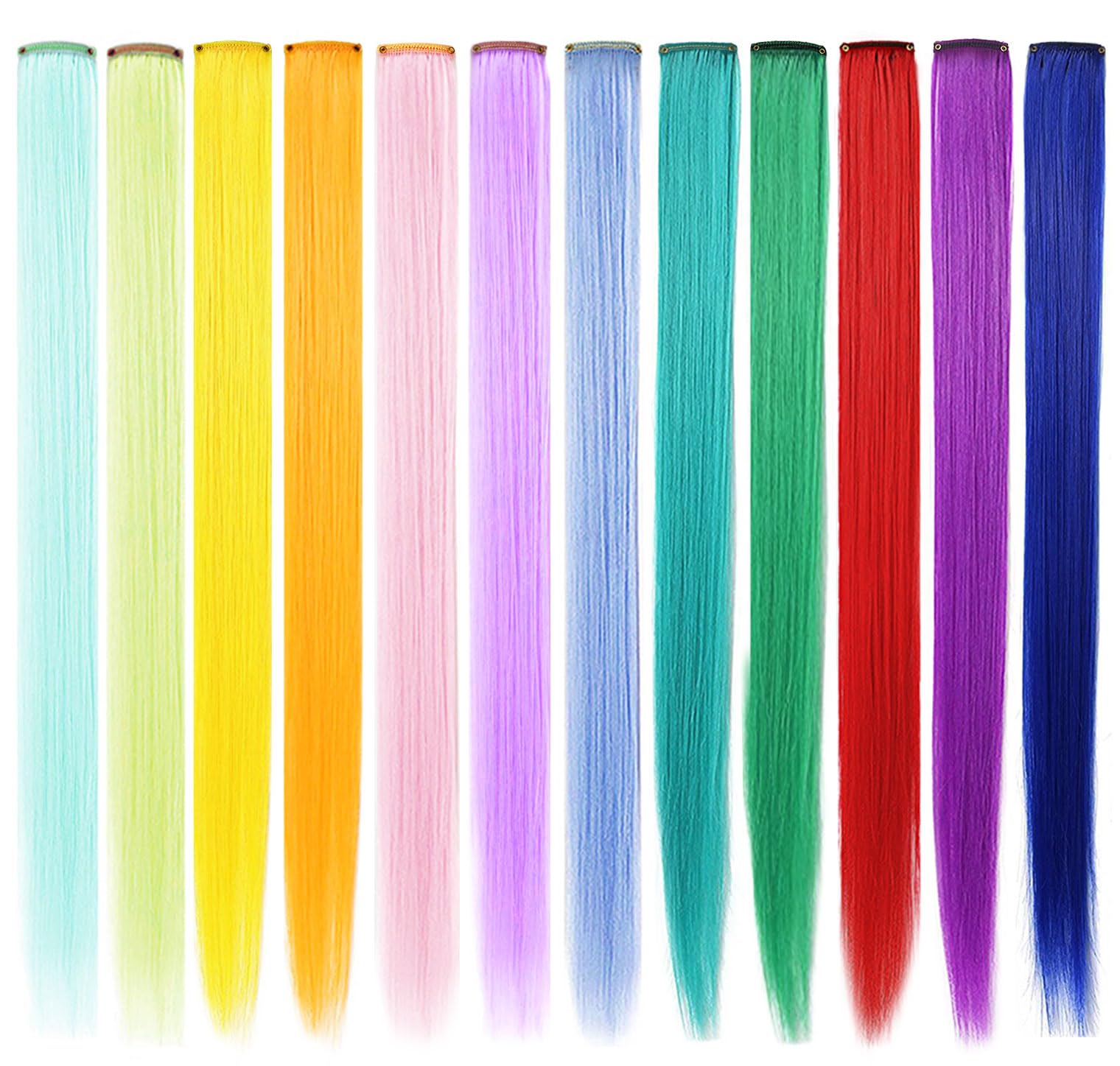 MOSCSMDY 12PCS Rainbow Hair Accessories Clip in Colored Hair Extensions Multicolored Wig Pieces Colorful Party Highlights Synthetic Straight Haripieces