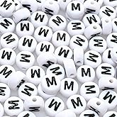 Amaney Letter Beads M 100pcs 7x4mm White Round Acrylic Black Alphabet for Bracelet Jewelry Making